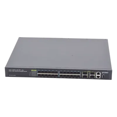 Switch Administrable Capa 3 / 24 Puertos 10G SFP+ / 4 Puertos 40G/100G QSFP28 / 800 Gbps Capacidad de Switching