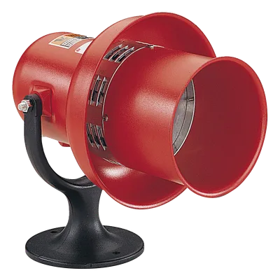 Sirena electromecánica industrial / 112 dBA a 3 m (9.8 ft) / 120 Vca/cd / UL y cUL / Tono bajo 700 Hz / Carcasa metálica roja anticorrosión