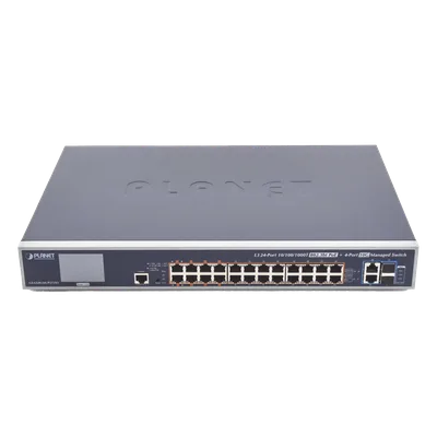 Switch Administrable L3 / 24 Puertos Gigabit PoE 802.3bt / 2 Puertos 10G SFP+ / Pantalla Táctil LCD / Fuente Redundante / 600W