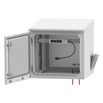 Gabinete de Exterior con Rack 19" / 9U / Ventiladores con Termostato Ajustable / Acero Galvanizado / Gabinete Armado