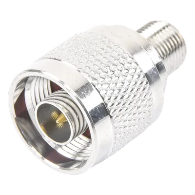 Adaptador Coaxial RF / N Macho a F Hembra / Montaje en Línea / Bronce Niquelado / Contacto Oro / Teflón / -20℃ a 80℃