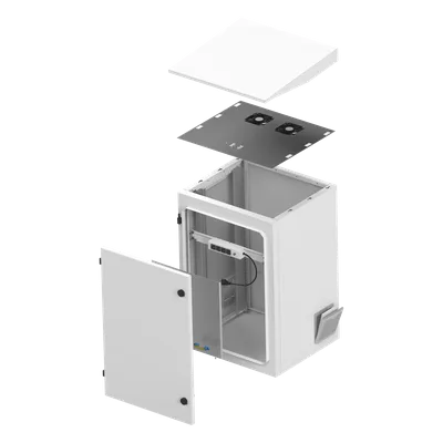 Gabinete Exterior IP / Rack 19" 16U / Acero Galvanizado / Ventilador con Termostato / Filtros Antipolvo / Aislante Térmico / Cerradura con Llave