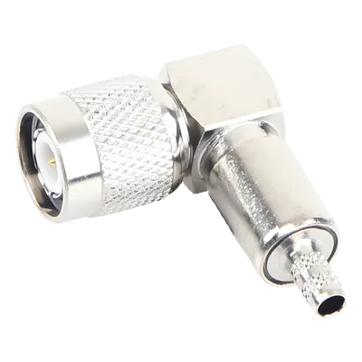 Conector RF TNC Macho / Ángulo Recto / Ensamblaje Anillo Plegable / Bronce Niquelado / Contacto Oro / Dieléctrico Teflón
