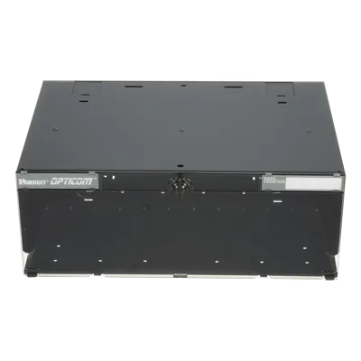 Panel de Distribución de Fibra Óptica, Acepta 12 Placas FAP o FMP, Bandeja Deslizable e Inclinable Hacia Abajo, Hasta 288 Fibras, Color Negro, 4UR