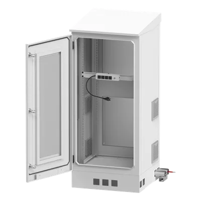 Gabinete de Piso Exterior / Rack 19" 16 U / Ventiladores con Termostato / IP-54 / Espacio para 2 Baterías / 110 VCA / 600 x 1429 x 5 mm