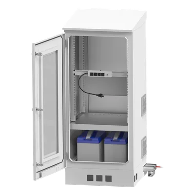 Gabinete de Piso Exterior / Rack 19" 16 U / Ventiladores con Termostato / IP-54 / Espacio para 2 Baterías / 110 VCA / 600 x 1429 x 5 mm