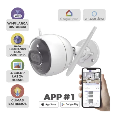 Cámara Bala IP / 2 Megapixel / Doble Lente 2.8 mm / 105° / Visión Nocturna a Color / IR 30 m (98.4 ft) / Wi-Fi 2.4 GHz / IP67 / Audio Bidireccional / Sirena y Luz Estroboscópica