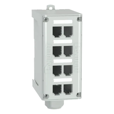 Panel de Parcheo Modular para Fibra Óptica, de Instalación en Riel DIN Estándar de 35mm, 8 Puertos Mini-Com, Color Gris