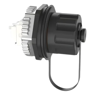 Conector Industrial RJ45 / Categoría 6A / IP67 / 8 Posiciones / Tapa Protectora / 50 μin Oro / 24 AWG