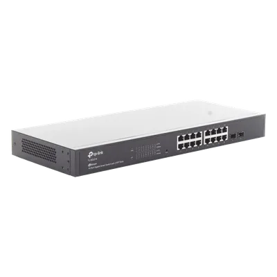 Switch Administrable / 16 Puertos Gigabit RJ45 / 2 Puertos SFP 1G / Rendimiento 36 Gbps / Sin Ventilador / Gestión Centralizada OMADA