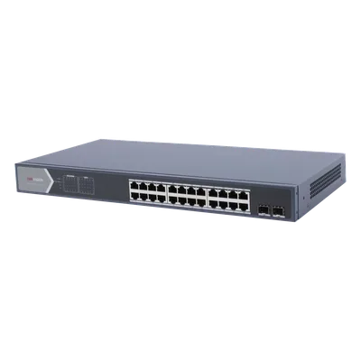 Switch PoE+ Administrable / 24 Puertos Gigabit / 2 Puertos SFP / PoE Extendido 250 m (820.2 ft) / 370 W / 56 Gbps