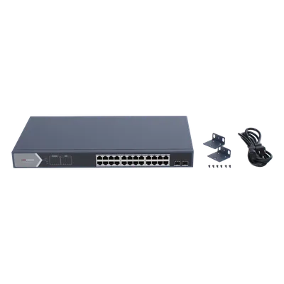Switch PoE+ Administrable / 24 Puertos Gigabit / 2 Puertos SFP / PoE Extendido 250 m (820.2 ft) / 370 W / 56 Gbps