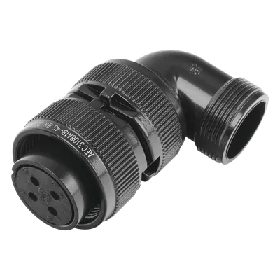 Conector Hembra en Ángulo Recto / 4 Contactos / Terminales Soldables / AWG 14-12 / Cuerpo Plateado Negro / Aislante Delrin / 90°