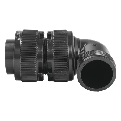 Conector Hembra en Ángulo Recto / 4 Contactos / Terminales Soldables / AWG 14-12 / Cuerpo Plateado Negro / Aislante Delrin / 90°