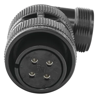 Conector Hembra en Ángulo Recto / 4 Contactos / Terminales Soldables / AWG 14-12 / Cuerpo Plateado Negro / Aislante Delrin / 90°