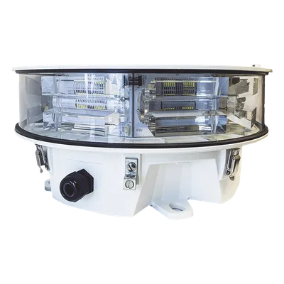 Luz de Obstáculo Media Intensidad / Tipo L864-L865 / 20.000 cd Blanco - 2.000 cd Rojo / 360° Cobertura Horizontal / Infrarrojo 246 mW/sr / Sincronización GPS Opcional / 807 pies Alcance IR
