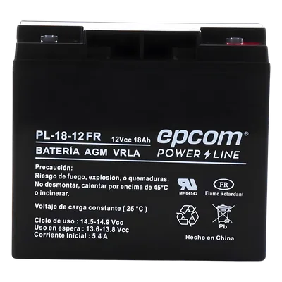 Batería 12 Vcc / 18 Ah / UL / AGM-VRLA / Retardante a la flama / Para uso en equipo electrónico,Alarmas de intrusión / Incendio/ Control de acceso / Video Vigilancia / Terminales tipo M5 ( HEX ) / Car