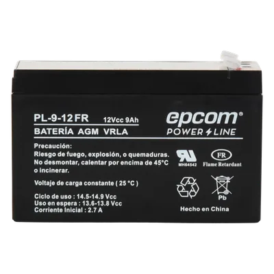 Batería de Respaldo AGM-VRLA / 12 Vcc / 9 Ah / Certificación UL / Retardante a la Flama / Terminales F1