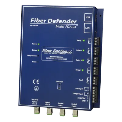 Sensor de Seguridad Perimetral por Fibra Óptica / 4 zonas independientes / 800 m (2,625 pies) máximo por zona / IP66 / Sin componentes activos en campo