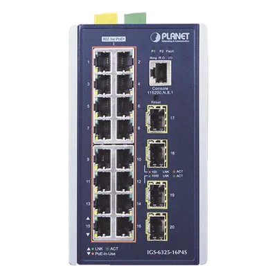 Switch Industrial Capa 3 PoE+ / 16 Puertos 10/100/1000T / 4 Puertos SFP 1G/2.5G / -40°C a 75°C / IP30