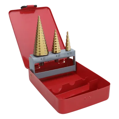 Juego de Brocas Escalonadas / 3 Piezas / 4-12 mm / 4-20 mm / 4-32 mm / HSS / Para Metal y Plástico