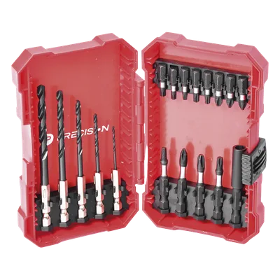 Juego de Puntas y Brocas / 18 Piezas / Entrada Hexagonal 1/4" / PH, Torx, Cuadradas / Brocas 2-6 mm / Estuche Organizador