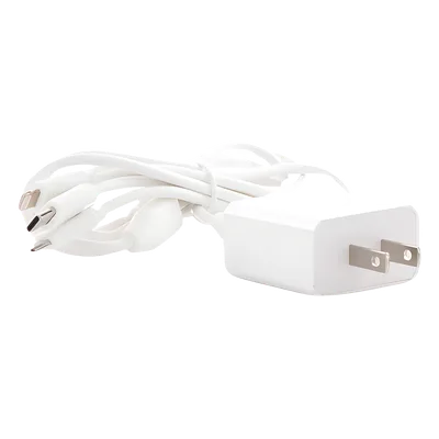 Cargador de Pared USB / 3 Puertos / Salida 5 Vcc 2 A / Cable Extensor 1.2 m (3.9 ft) / Entrada Universal 100-240 Vca / Multi-conector