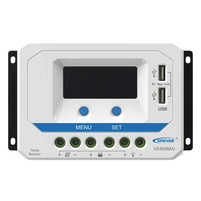 Controlador Solar PWM / 30A / 12/24/36/48V Auto / Tierra Positivo Común / Doble USB 2.4A / Pantalla LCD