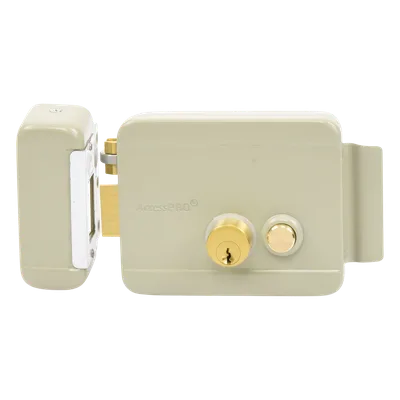 Cerradura Eléctrica con Botón de Salida / Doble Cerrojo / 12 VCA 2.5 A / Pulsos de 2 Seg / Exterior Izquierda