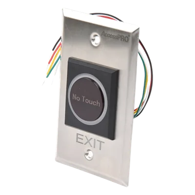 Botón de Salida sin Contacto / Detección Ajustable 4 a 15 cm / Control Remoto 433 MHz / 16 Transmisores / Relevador 24 VCC / Acero Inoxidable / LED / -20°C a 55°C