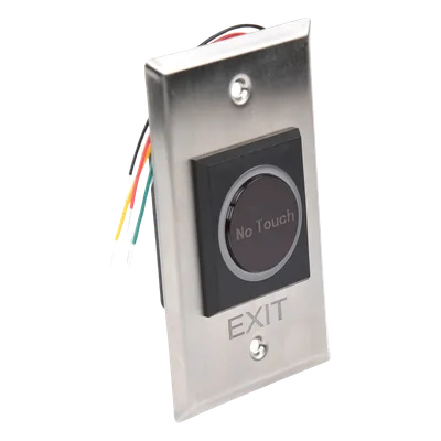 Botón de Salida sin Contacto / Detección Ajustable 4 a 15 cm / Control Remoto 433 MHz / 16 Transmisores / Relevador 24 VCC / Acero Inoxidable / LED / -20°C a 55°C