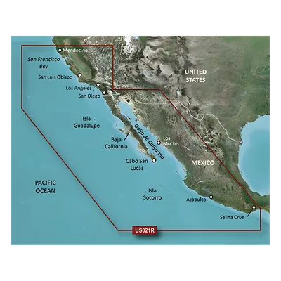 Carta Náutica Electrónica / Cobertura California a Puerto Vallarta / Gráficos Costeros de Alta Precisión / Auto Ruta por Profundidad / Contornos de 1' / 10 Rangos de Sombreado de Profundidad