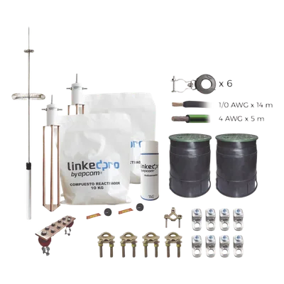 Kit de Protección Contra Rayos / Torre 9 m (29.5 ft) / Electrodo de Cobre Electrolítico / Pararrayos de Aluminio con Ionización / Filtro Equipotencial / Compuesto Reactivador