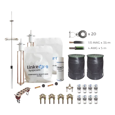 Kit Pararrayo con Accesorios de Instalación en Torre / 30 m (98 ft) / Radio Cobertura 72° / Cable 1/0 AWG / Conectores Cal. 4-2/0 AWG