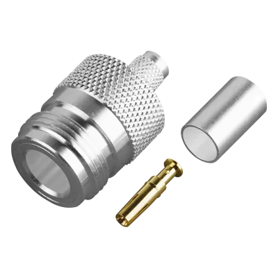 Conector RF Tipo N Hembra / Anillo Plegable / Contacto Oro / Cuerpo Plata / Aislante Teflón / Para Cable Proflex y Grupo P