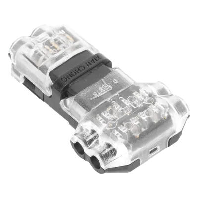 Conector T / 2 Contactos / Extracción Sin Corte / 0.35 a 0.75 mm² / Diámetro Máx 2.1 mm / Transparente con Negro