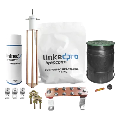 Kit Puesta a Tierra 30A / Electrodo Cobre Electrolítico / Diseño Delta / Filtro Equipotencial / Compuesto 12 kg / Barra Unión + Conectores + Registro