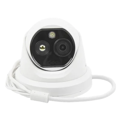 Turret IP Dual / Térmica 1.8 mm (160 x 120) / Óptico 2 mm (4 Megapixel) / Detección de Personas 53 mts / 15 mts IR / Exterior IP67 / PoE / Termométrica / Detección de Temperatura / Sirena y Luz / Micr