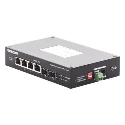 Switch Industrial No Administrable / 3 Puertos Gigabit PoE+ (30 W) + 1 Puerto Gigabit PoE++ (60 W) / 2 Puertos SFP / 65 W Total / Alcance Extendido 300 m (984.3 ft) / -30 °C a 65 °C