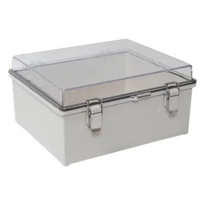Gabinete Plástico ABS / Puerta Transparente Policarbonato / 300 x 300 x 180 mm (11.8 x 11.8 x 7.1 in) / Uso en Intemperie / Cierre por Broches Inoxidables / Compatible con Placa Interna