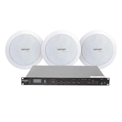 Kit de Amplificador de 120W RMS para Rack / Salida 100V/4Ω / 3 Altavoces de Plafón Coaxiales 5.5" / Sistema 70/100V / Bluetooth, MP3, USB, FM / 4 Entradas de Micrófono / Resistente a Humedad