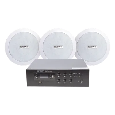 Kit Amplificador 70/100V / 120W RMS / 3 Altavoces de Plafón 5 in / Bluetooth MP3 Tuner USB / Taps 3.75 - 30W