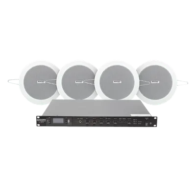 Kit de Sonido Ambiental / Amplificador 120W RMS / 4 Altavoces de 4in / Sistema 70/100V / Bluetooth y MP3 / Falso Techo
