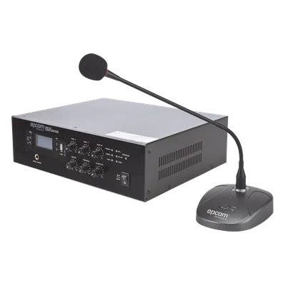 Kit Amplificador 70/100V / 120W RMS / Bluetooth MP3 USB Tuner / Micrófono de Escritorio / 2 Tonos de Timbre