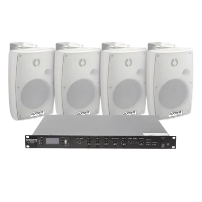 Kit Amplificador de Audio para Rack / 120W RMS / 4 Altavoces de Pared IP54 / Sistema 70/100V / 4 Entradas Micrófono / Bluetooth MP3 Tuner USB