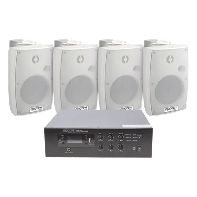 Kit Amplificador 100V / 120W RMS / 4 Altavoces Pared 2.5-20W / Bluetooth MP3 Tuner USB / Sistema Voceo 70/100V