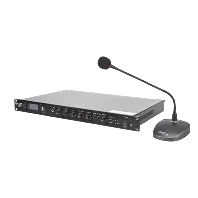Kit Amplificador de Voceo / 120W RMS / Salida 100V/4Ω / Bluetooth / USB / MP3 / FM / 4 Entradas de Micrófono / Micrófono de Escritorio