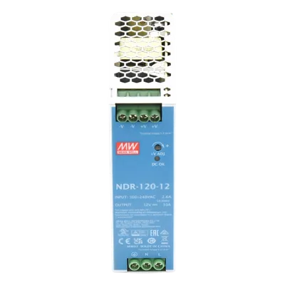 Fuente de poder industrial / 120 W / 12 Vcc / 10 A / Entrada 90~264 VCA / Riel DIN / 1.57 x 4.93 x 4.47 in