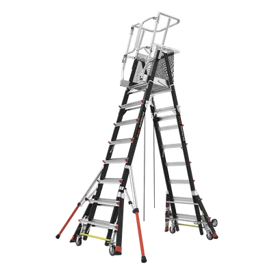 Escalera de Fibra de Vidrio con Jaula / Ajuste de Altura 8' a 14' (2.44 a 4.27 m) / Carga Máxima 170 kg (375 lb) / Nivelación en Ruedas Ratchet™ / Peso 58.5 kg (129 lb)