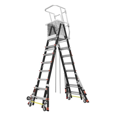 Escalera de Fibra de Vidrio con Jaula / Ajuste de Altura 8' a 14' (2.44 a 4.27 m) / Carga Máxima 170 kg (375 lb) / Nivelación en Ruedas Ratchet™ / Peso 58.5 kg (129 lb)